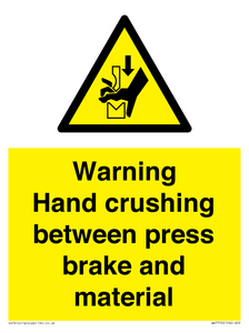 Warning Hand crushing between press brake and material