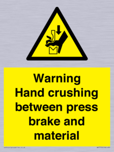 Warning Hand crushing between press brake and material