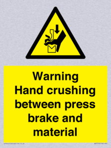 Warning Hand crushing between press brake and material
