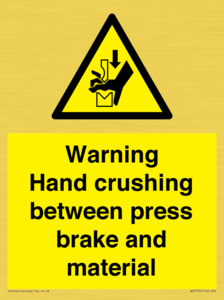 Warning Hand crushing between press brake and material
