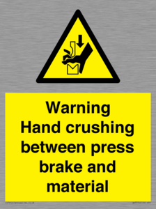 Warning Hand crushing between press brake and material
