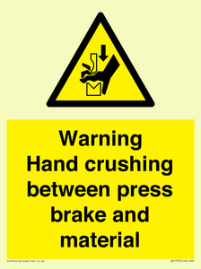 Warning Hand crushing between press brake and material