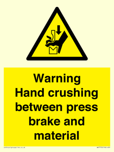 Warning Hand crushing between press brake and material