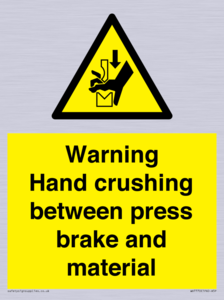 Warning Hand crushing between press brake and material
