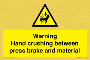 Warning Hand crushing between press brake and material