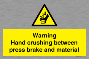 Warning Hand crushing between press brake and material