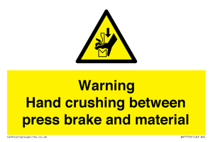 Warning Hand crushing between press brake and material