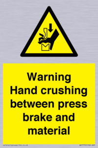 Warning Hand crushing between press brake and material