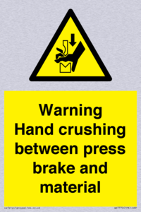 Warning Hand crushing between press brake and material