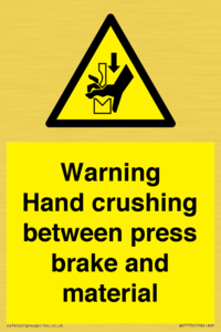 Warning Hand crushing between press brake and material