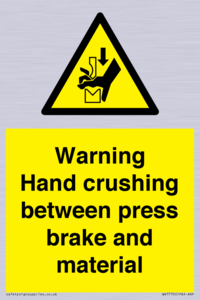 Warning Hand crushing between press brake and material