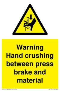 Warning Hand crushing between press brake and material