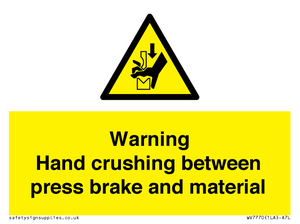 Warning Hand crushing between press brake and material