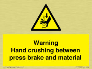 Warning Hand crushing between press brake and material