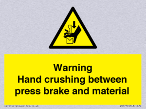 Warning Hand crushing between press brake and material