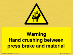 Warning Hand crushing between press brake and material