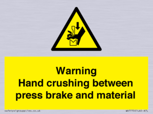 Warning Hand crushing between press brake and material