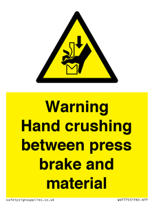 Warning Hand crushing between press brake and material