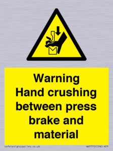 Warning Hand crushing between press brake and material