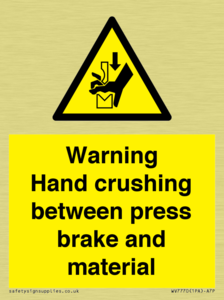 Warning Hand crushing between press brake and material