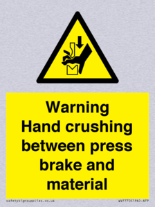 Warning Hand crushing between press brake and material