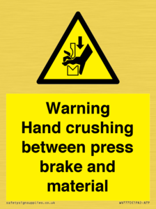 Warning Hand crushing between press brake and material
