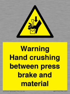 Warning Hand crushing between press brake and material