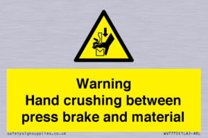 Warning Hand crushing between press brake and material
