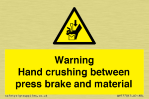 Warning Hand crushing between press brake and material