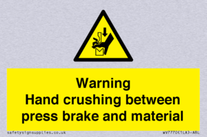 Warning Hand crushing between press brake and material
