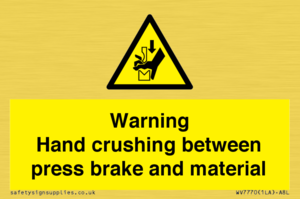 Warning Hand crushing between press brake and material