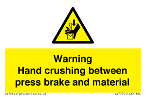 Warning Hand crushing between press brake and material