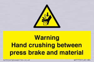Warning Hand crushing between press brake and material