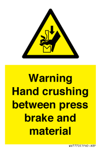 Warning Hand crushing between press brake and material