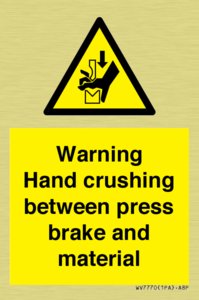 Warning Hand crushing between press brake and material