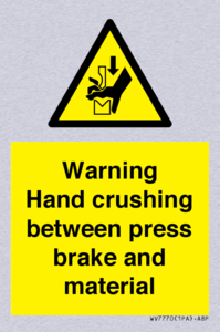 Warning Hand crushing between press brake and material
