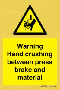 Warning Hand crushing between press brake and material