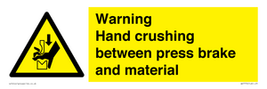 Warning Hand crushing between press brake and material