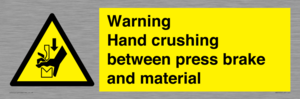 Warning Hand crushing between press brake and material