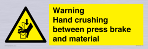 Warning Hand crushing between press brake and material