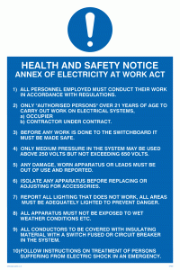 h&s notice annex of electricity at work act from Safety Sign Supplies