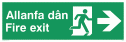 bi-lingual - welsh / english with running man symbol and arrow pointing right Text: allanfa dan / fire exit