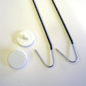 An economy hanging fixing kit for hanging signs from a ceiling. Comprising 2 self adhesive buttons and 2 extendable wires (from 200mm up to 1.5m length) with hooks at either end for fixing. Suitable for use with 1mm semi rigid and 3mm rigid plastic signs. Text: 